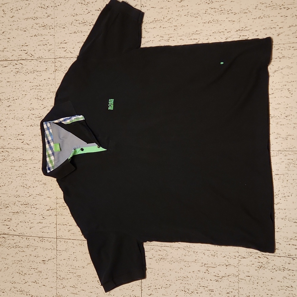 Hugo Boss Black 1/4 Button Down Polo Casual Dress Shirt with Green Spellout Logo